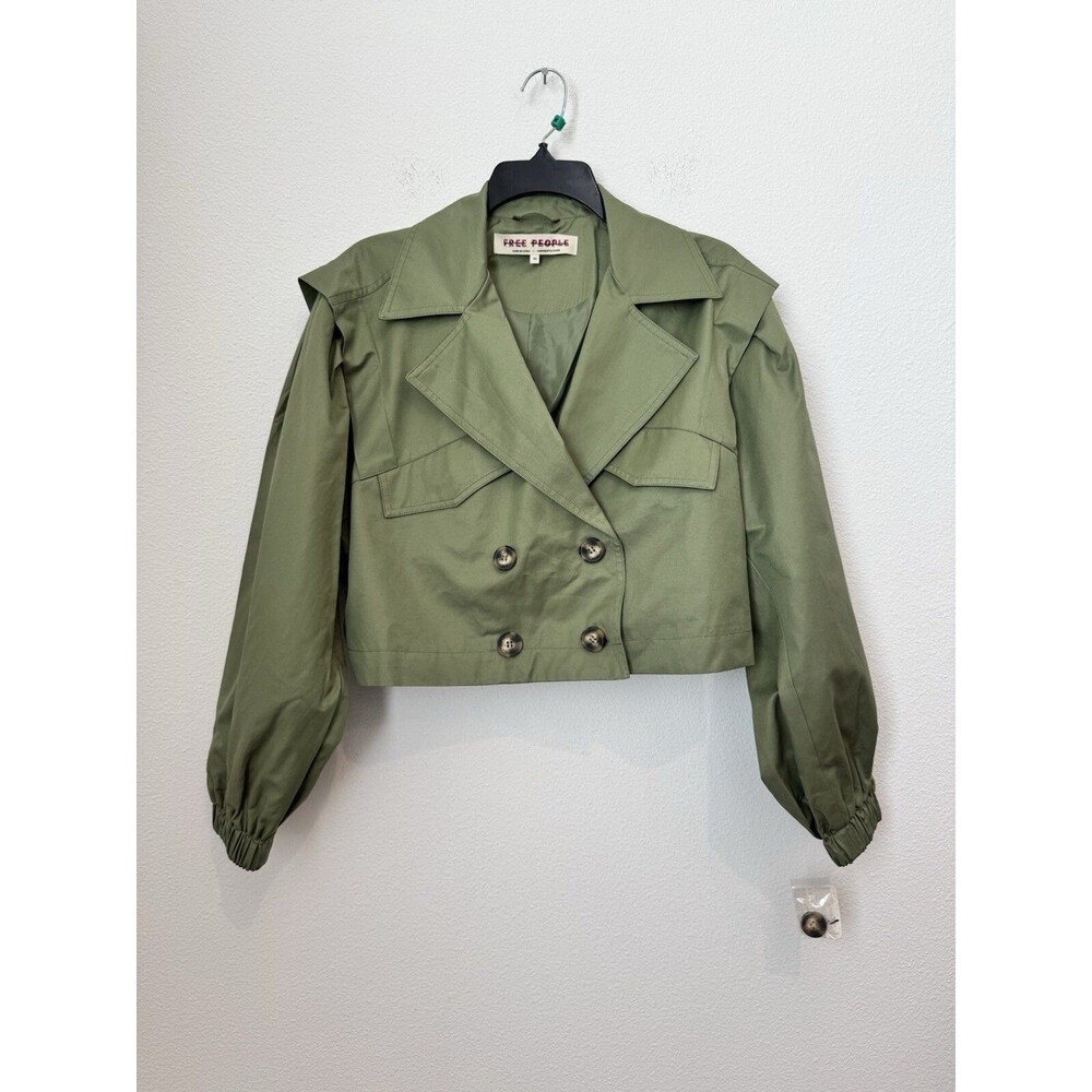 Free People x Revolve Green Looking Glass Trench Coat Cropped Pockets Size XS